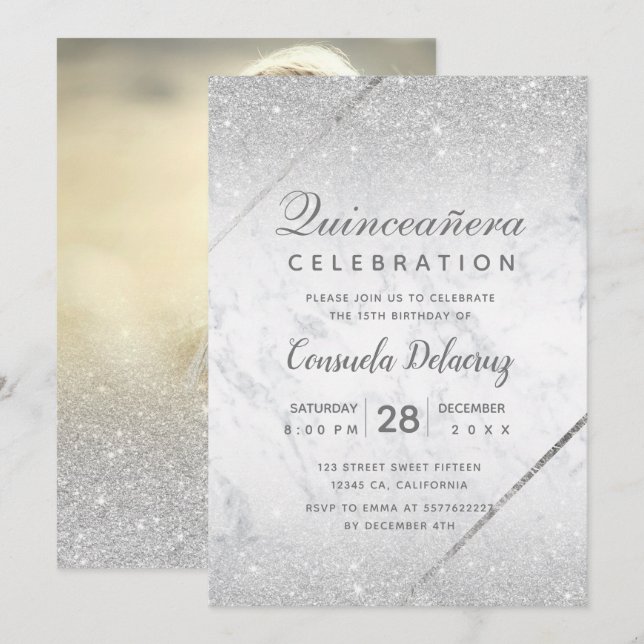 Chic silver glitter script marble Quinceanera Invitation (Front/Back)