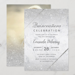 Chic silver glitter script marble Quinceanera Invitation