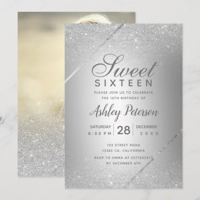Chic silver glitter script metallic Sweet 16 Invitation (Front/Back)