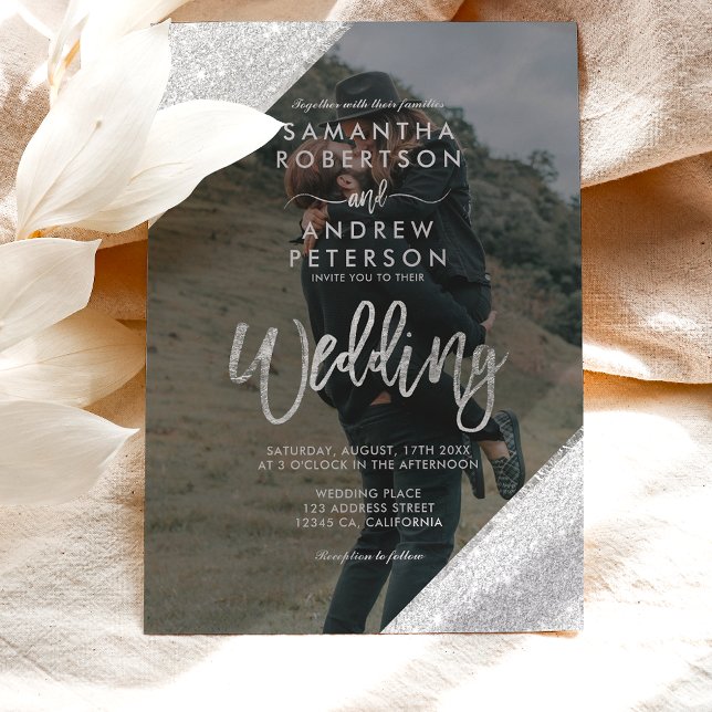 Chic silver glitter script navy blue wedding photo invitation (Creator Uploaded)