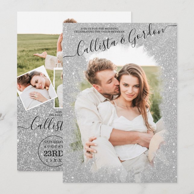 Chic Silver Glitter Script Photo Collage Wedding Invitation (Front/Back)