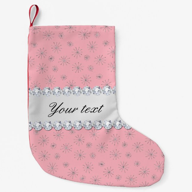 Chic Silver Glitter Snowflakes Pink Small Christmas Stocking (Front)