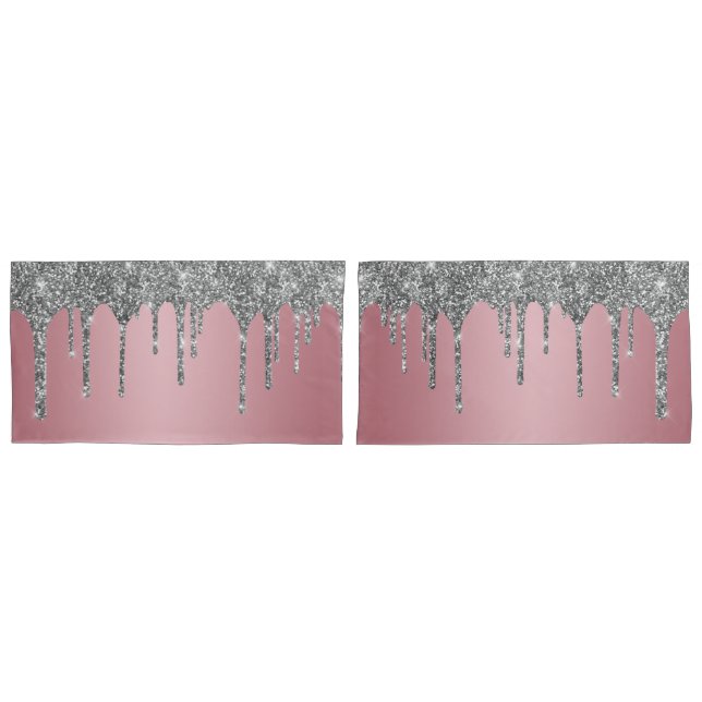 Chic Silver Glitter Sparkle Drips Rose Gold Pink Pillowcase (Front-Set)