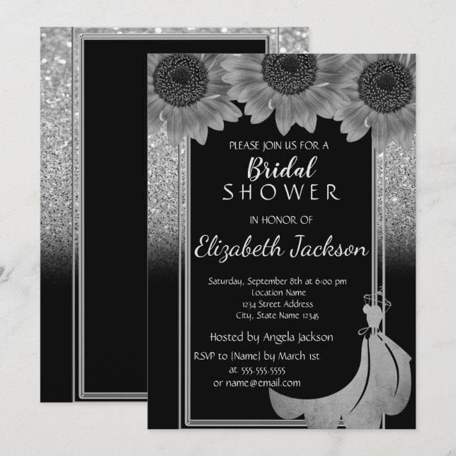 Chic Silver Glitter Sunflowers Dress Bridal Shower Invitation (Front/Back)