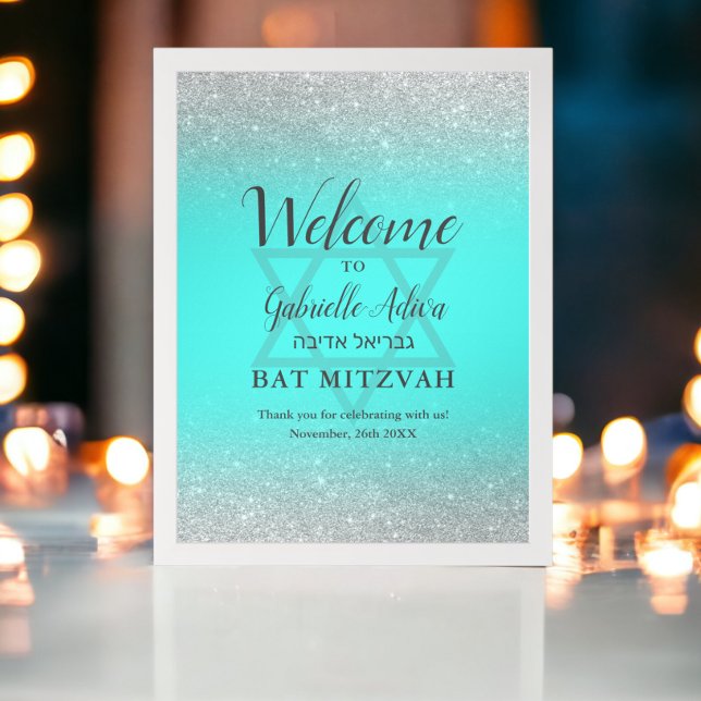 Chic silver glitter teal Bat Mitzvah welcome Poster (Chic silver glitter teal Bat Mitzvah welcome Poster)