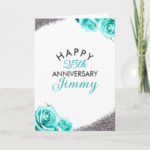 Chic Silver Glitter Teal Rose Husband Anniversary Card