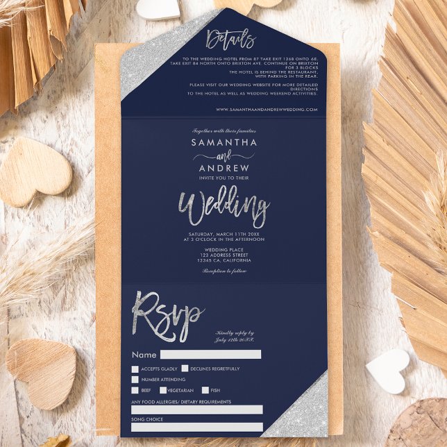 Chic silver glitter typography navy blue wedding  all in one invitation (Creator Uploaded)