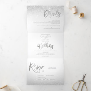 Chic silver glitter typography ombre white wedding Tri-Fold invitation