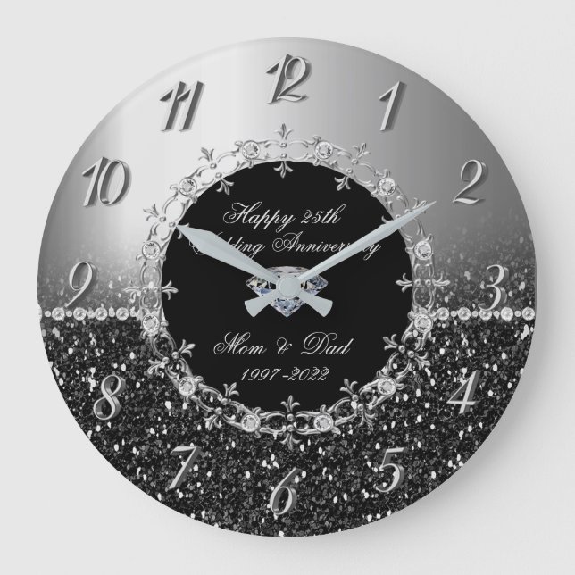 Chic Silver  Glittery 25th Wedding Anniversary Large Clock (Front)