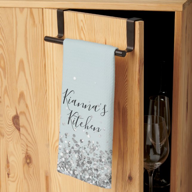 Chic Silver Glittery Personalised Kitchen Towel (Thirds Fold)