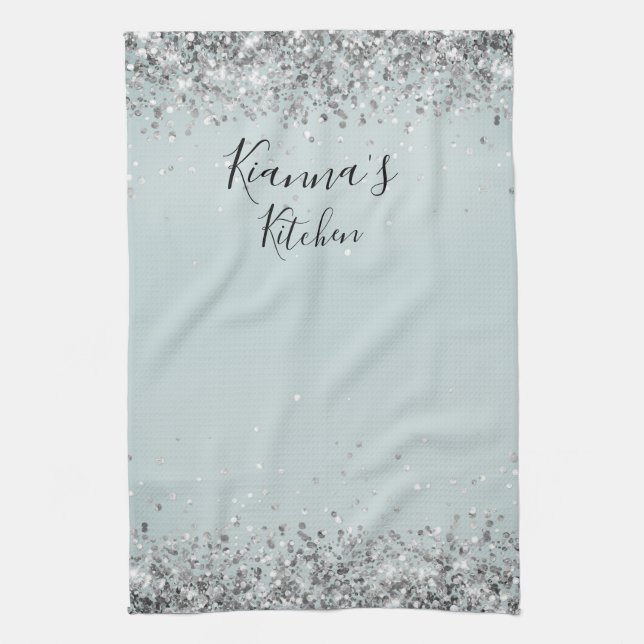 Chic Silver Glittery Personalised Tea Towel (Vertical)