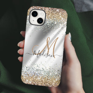 Chic silver Gold faux glitter monogram Case-Mate iPhone 14 Case