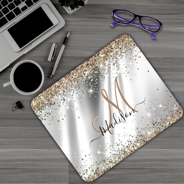 Chic silver Gold faux glitter monogram Mouse Mat (Creator Uploaded)