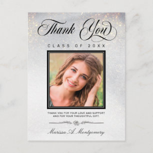 Chic Silver Gold Glitter Photo Graduate Thank You Postcard