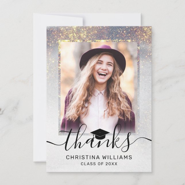 Chic Silver Gold Sparkles 2 Photo Graduation Thank You Card (Front)