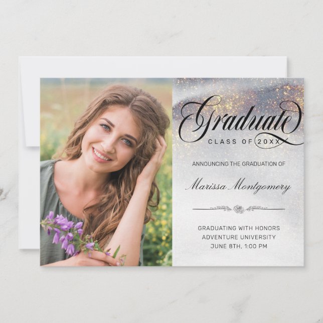 Chic Silver Gold Sparkles Photo Graduation Announcement (Front)