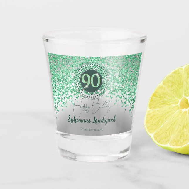 Chic Silver & Green Glitter 90th Birthday Gift Shot Glass (Front)