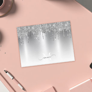 Chic Silver Grey Dripping Glitter Monogram Name Post-it Notes