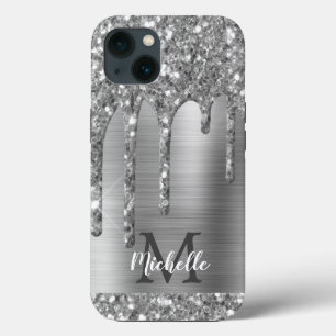 Chic Silver Grey Glitter Drips Monogram Pink Metal iPhone 13 Case