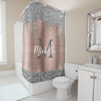Chic Silver Grey Glitter Drips Pink Metal Monogram