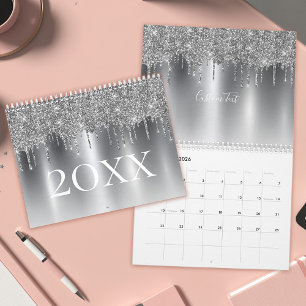 Chic Silver Grey Glitter Ombre Monogram Calendar