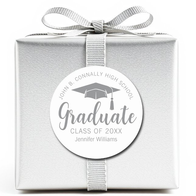 Chic Silver Grey Graduate Customised Graduation Classic Round Sticker (Creator Uploaded)