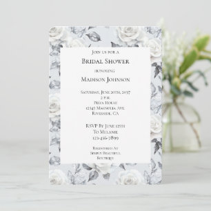 Chic Silver Grey White Rose Floral Bridal Shower Invitation
