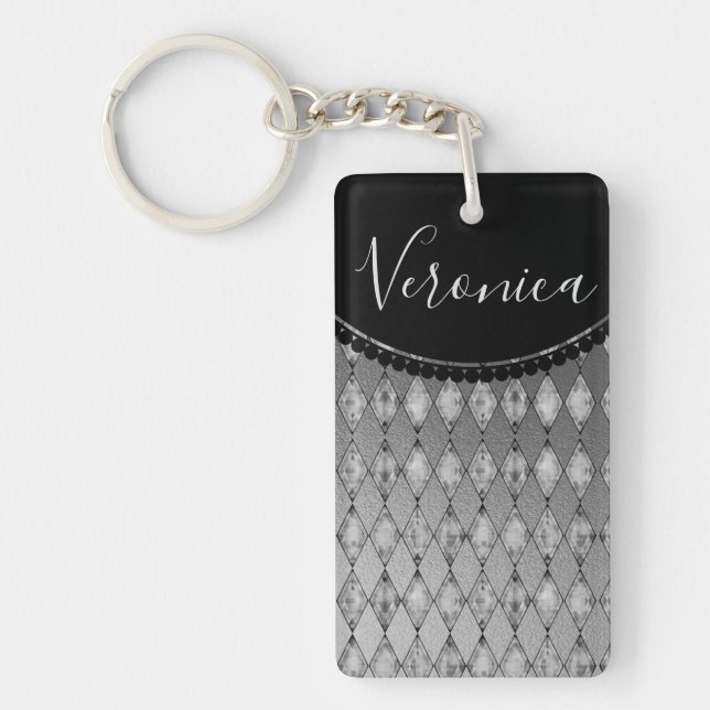 Chic Silver Harlequin Personalised  Key Ring (Front)