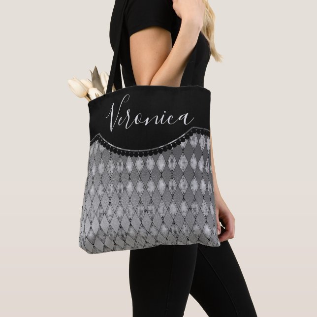 Chic Silver Harlequin Personalised Tote Bag (Close Up)
