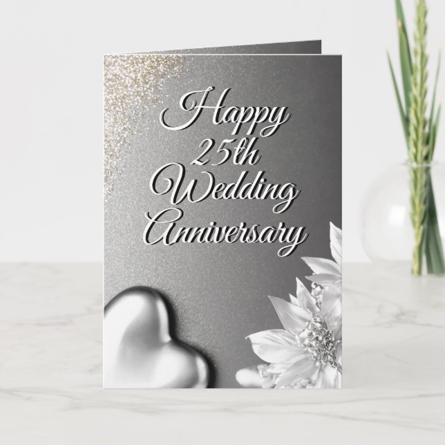 Chic Silver Heart 25th Wedding Anniversary Card (Front)