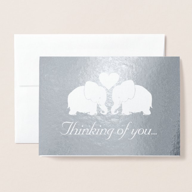 Chic Silver Heart Elephants Thinking of You Foil Card (Front With Envelope)