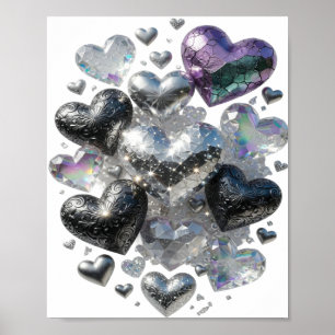 Chic Silver HEARTS AND CRYSTALS Artistic Motif Poster