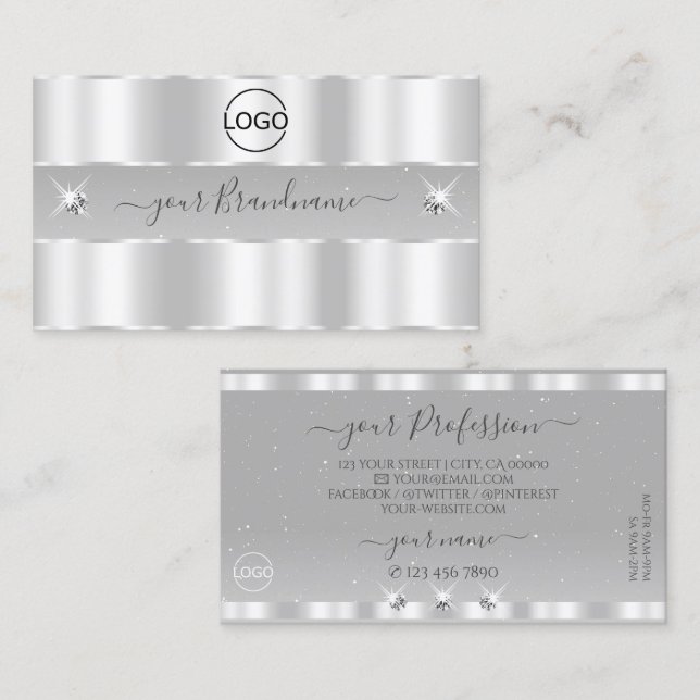 Chic Silver Light Grey Sparkling Diamonds Add Logo Business Card (Front/Back)