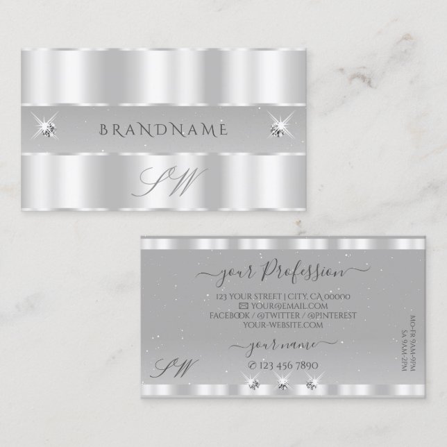Chic Silver Light Grey Sparkling Diamonds Initials Business Card (Front/Back)