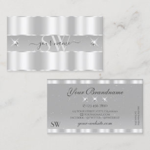 Chic Silver Light Grey Sparkling Diamonds Monogram Business Card