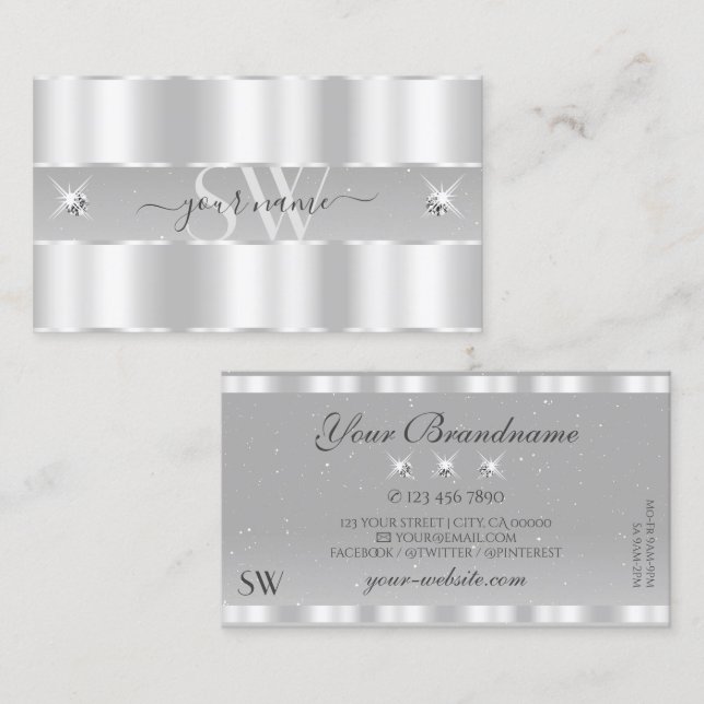 Chic Silver Light Grey Sparkling Diamonds Monogram Business Card (Front/Back)