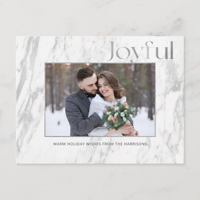 Chic Silver Marble Joyful Typography Photo Postcard (Front)