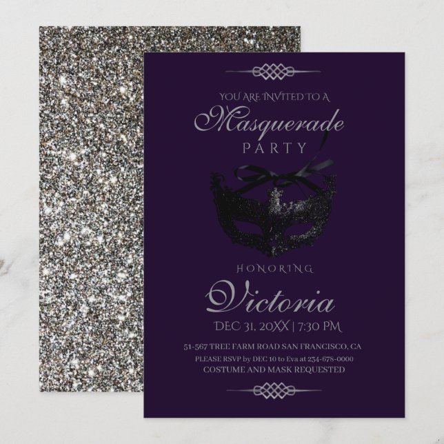 Chic Silver Masquerade Party Birthday Invitation (Front/Back)
