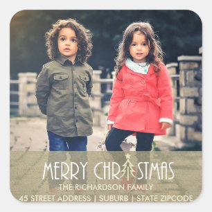 CHIC SILVER MERRY CHRISTMAS HOLIDAY PHOTO ADDRESS SQUARE STICKER