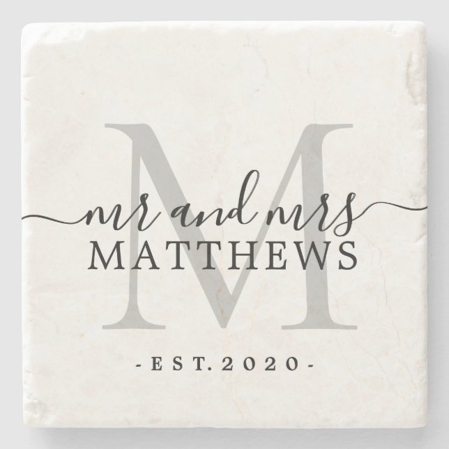 Chic Silver Monogram Script Name Wedding Date Stone Coaster (Front)