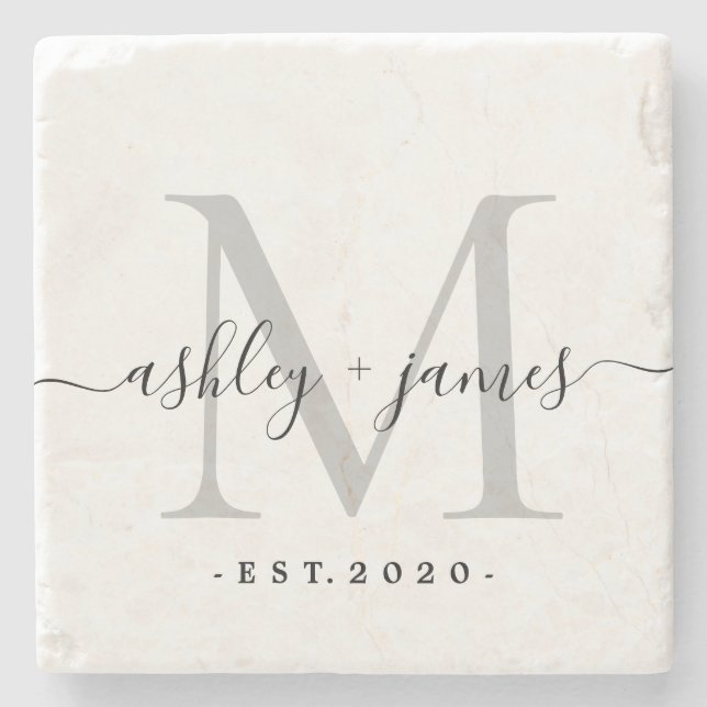 Chic Silver Monogram Script Names Wedding Date Stone Coaster (Front)