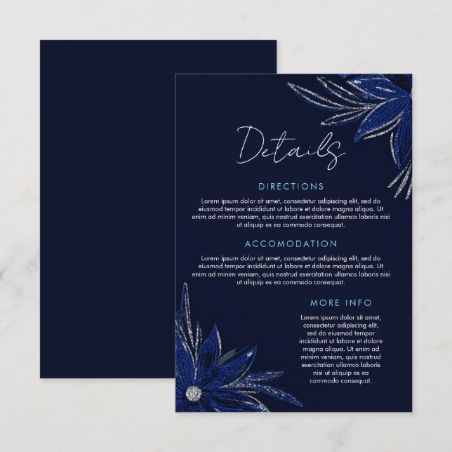 Chic Silver & Navy Blue Floral Wedding Enclosure Card (Front/Back)