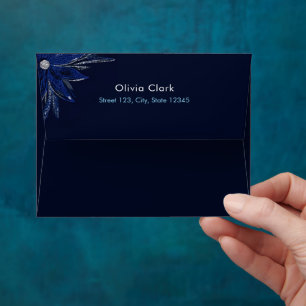 Chic Silver & Navy Blue Floral Wedding Envelope