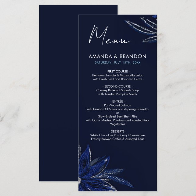 Chic Silver & Navy Blue Floral Wedding Menu (Front/Back)
