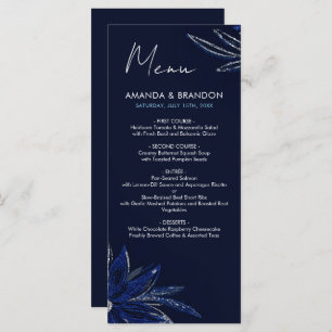 Chic Silver & Navy Blue Floral Wedding Menu