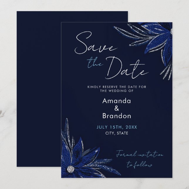Chic Silver & Navy Blue Floral Wedding Save The Date (Front/Back)