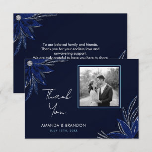 Chic Silver & Navy Blue Floral Wedding Thank You Card