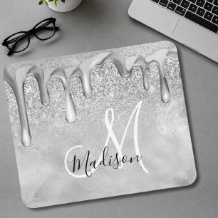 Chic silver ombre glitter drips monogram mouse mat