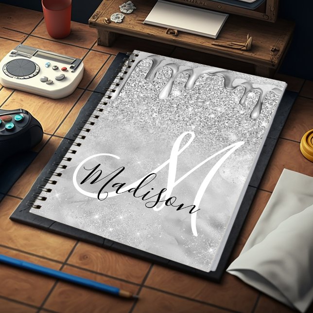 Chic silver ombre glitter drips monogram notebook (Creator Uploaded)