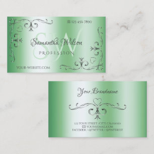 Chic Silver Ornate Corners Initials Luminous Green Business Card